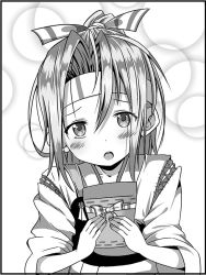 Rule 34 | 10s, 1girl, blush, bow, box, commentary request, gift, gift box, greyscale, hachimaki, hair between eyes, hair ribbon, headband, holding, holding gift, japanese clothes, kantai collection, long hair, long sleeves, looking at viewer, monochrome, muneate, open mouth, ponytail, ribbon, shino (ponjiyuusu), solo, sparkle background, upper body, white background, wide sleeves, zuihou (kancolle)