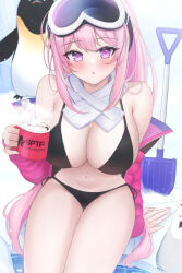 Rule 34 | 1girl, absurdres, animal, bikini, bird, black bikini, blue archive, blush, breasts, cleavage, cowboy shot, cup, eimi (blue archive), eimi (swimsuit) (blue archive), food, goggles, goggles on head, highres, holding, holding cup, jacket, large breasts, long hair, long sleeves, marshmallow, mofu07519, official alternate costume, open clothes, open jacket, open mouth, penguin, pink eyes, pink hair, pink jacket, ponytail, scarf, shovel, solo, swimsuit, very long hair, white scarf
