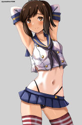 Rule 34 | 1girl, absurdres, armpits, arms behind head, arms up, black neckerchief, black panties, blue sailor collar, blue skirt, blush, breasts, brown eyes, brown hair, cosplay, cowboy shot, crop top, cropped shirt, elbow gloves, gloves, grey background, high ponytail, highleg, highleg panties, highres, i-401 (kancolle), kantai collection, looking at viewer, microskirt, midriff, mizuki (uzuki no sato), navel, neckerchief, one-hour drawing challenge, panties, pleated skirt, red thighhighs, sailor collar, shimakaze (kancolle), shimakaze (kancolle) (cosplay), shirt, sidelocks, simple background, skirt, sleeveless, sleeveless shirt, small breasts, solo, standing, striped clothes, striped thighhighs, tan, thighhighs, twitter username, underwear, white gloves, white shirt, white thighhighs, zettai ryouiki