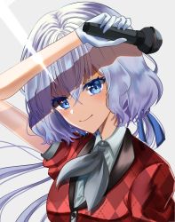 Rule 34 | 10s, 1girl, blue eyes, gloves, grey necktie, hair ribbon, highres, holding, holding microphone, idol, inamori (inari00000), konno junko, looking at viewer, low twintails, microphone, necktie, ribbon, shirt, silver hair, smile, solo, twintails, upper body, white gloves, white shirt, zombie land saga