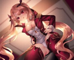 Rule 34 | 1girl, azur lane, backlighting, blonde hair, breasts, cleavage, cleavage cutout, clothing cutout, commentary request, epaulettes, hair ribbon, highres, jacket, large breasts, long hair, long sleeves, looking at viewer, military, military uniform, neit ni sei, nelson (azur lane), no pants, open mouth, panties, pantyshot, red eyes, red jacket, ribbon, solo, sweatdrop, thighhighs, twintails, underwear, uniform, upper body
