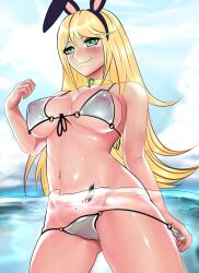 Rule 34 | 1girl, absurdres, animal ears, artist request, beach, blonde hair, blush, breasts, choker, collar, commission, geone, green eyes, highres, large breasts, long hair, lying, nipples, non-web source, rabbit ears, see-through, solo, swimsuit, underwater, vrchat, water