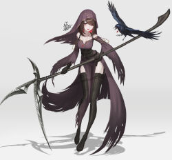 Rule 34 | 1girl, absurdres, bare shoulders, belt, bird, black gloves, boots, brown hair, colored inner hair, commentary request, corset, crow, fantasy, full body, gloves, grey background, highres, holding, holding scythe, ikasamahideo, jewelry, looking at viewer, mole, mole under mouth, multicolored hair, necklace, original, red eyes, red hair, scythe, shadow, signature, slit pupils, solo, thigh boots, torn clothes, veil, wide sleeves