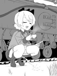 Rule 34 | 1girl, blush, boots, breasts, closed eyes, cup, darjeeling (girls und panzer), drink, girls und panzer, grass, hair bun, holding, jacket, long sleeves, mbt64kmb, military, military vehicle, monochrome, motor vehicle, open mouth, panties, panty pull, peeing, plate, puddle, short hair, single hair bun, skirt, small breasts, smile, squatting, steam, tank, teacup, underwear