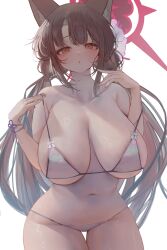 Rule 34 | absurdres, animal ear fluff, animal ears, bbolalus, bikini, black hair, blue archive, blunt ends, breasts, breasts apart, colored inner hair, cowboy shot, flower, fox ears, fox tail, hair flower, hair ornament, halo, highres, huge breasts, multicolored hair, navel, official alternate costume, red hair, string bikini, swimsuit, tail, two-tone hair, wakamo (blue archive), wakamo (swimsuit) (blue archive), white background, yellow eyes