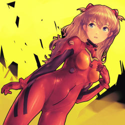 Rule 34 | 1girl, arm at side, blue eyes, bmo art, bodysuit, breasts, brown hair, commentary, cowboy shot, curvy, dutch angle, hair between eyes, hair ornament, hand on own chest, interface headset, long hair, looking afar, looking away, medium breasts, neon genesis evangelion, parted lips, pilot suit, plugsuit, red bodysuit, shiny clothes, skin tight, solo, souryuu asuka langley, standing, teeth, thigh gap, two side up, upper teeth only, wide hips, yellow background