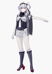 Rule 34 | 1girl, anchor symbol, arm up, bad id, bad twitter id, black headband, black sailor collar, bodysuit, clothes writing, full body, gloves, grey background, grey jacket, hachimaki, headband, highres, jacket, jacket on shoulders, kantai collection, long hair, looking at viewer, miniskirt, ojipon, one side up, pantyhose, sailor collar, silver hair, simple background, skirt, solo, standing, suzutsuki (kancolle), white bodysuit, white gloves, white neckwear, white skirt