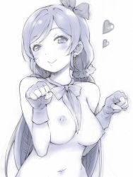 Rule 34 | 1girl, blush, bokura wa ima no naka de, bow, bowtie, breasts, duke (inu daimyou), earrings, fingerless gloves, gloves, greyscale, hair bow, hair ornament, hair scrunchie, hands up, jewelry, large breasts, long hair, looking at viewer, love live!, love live! school idol project, monochrome, navel, nipples, nude, paw pose, scrunchie, sketch, smile, solo, tojo nozomi, upper body, white background