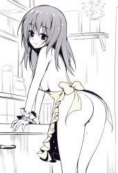 Rule 34 | 1girl, apron, arm support, ass, blush, breasts, long hair, looking at viewer, monochrome, naked apron, original, oryo (oryo04), sideboob, smile, solo, spot color, wristband