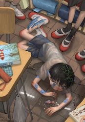 Rule 34 | 1boy, @ @, absurdres, animal, black hair, blue eyes, blue scales, blue shorts, book, broken glass, calf socks, classroom, desk, fins, fish, fish boy, flats, full body, glass, highres, looking at animal, lying, male focus, original, pointy ears, puddle, red footwear, scales, school, school desk, see-through, see-through shirt, shirt, short hair, short sleeves, shorts, socks, solo focus, surrounded, twitter username, wet, wet clothes, wet shirt, white shirt, yakito lulu