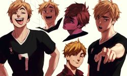 Rule 34 | 1boy, absurdres, anger vein, angry, blonde hair, brown eyes, ceejles, closed mouth, commentary, expressionless, eyebrows, haikyuu!!, hair between eyes, happy, highres, index finger raised, jacket, jersey, laughing, looking at viewer, male focus, miya atsumu, multicolored hair, multiple views, open mouth, pointing, serious, short hair, short sleeves, smile, sportswear, surprised, teeth, tongue, tongue out, track jacket, two-tone hair, volleyball uniform, white background, wide-eyed