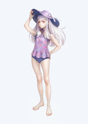 Rule 34 | 1girl, absurdres, alternate costume, barefoot, blue one-piece swimsuit, candy print, commentary request, dress, fire emblem, fire emblem: three houses, hand on headwear, hand on own hip, hat, highres, kazuko (towa), long hair, lysithea von ordelia, nintendo, one-piece swimsuit, pink eyes, purple dress, purple hat, simple background, smile, solo, sun hat, swimsuit, swimsuit under clothes, toes, white background, white hair