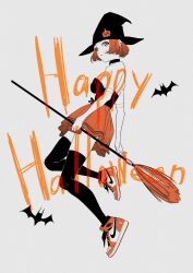Rule 34 | 1girl, acubi tomaranai, air jordan, air jordan 1, bare shoulders, black hat, black thighhighs, bodice, breasts, broom, choker, closed mouth, commentary, ear piercing, full body, grey background, happy halloween, hat, high tops, highres, holding, holding broom, looking at viewer, looking to the side, mole, mole under mouth, nike (company), orange eyes, orange hair, orange skirt, original, piercing, shoes, short hair, sidelocks, simple background, skirt, small breasts, sneakers, solo, swimsuit, symbol-only commentary, thighhighs, witch hat