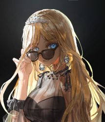 Rule 34 | 1girl, adjusting eyewear, adjusting glasses, black dress, blonde hair, blue eyes, breasts, dress, earrings, hand on eyewear, highres, hololive, hololive english, jewelry, long hair, looking at viewer, looking over eyewear, looking over glasses, mole, mole on breast, necklace, official alternate costume, quasarcake, see-through silhouette, solo, sunglasses, tiara, tinted eyewear, upper body, virtual youtuber, watson amelia, watson amelia (party dress)