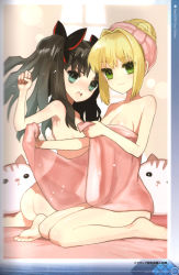 Rule 34 | 10s, 2girls, absurdres, annoyed, aqua eyes, barefoot, black hair, blonde hair, bow, cat, clenched hand, fate/extra, fate (series), feet, green eyes, highres, kneeling, long legs, looking at viewer, multiple girls, nero claudius (fate), nero claudius (fate), nero claudius (fate/extra), nude, scan, stuffed animal, stuffed toy, tohsaka rin, towel, twintails, wada arco