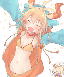 Rule 34 | 2girls, alternate costume, antenna hair, arms up, bikini, blonde hair, blush, breasts, breasts apart, chibi, chibi inset, choker, closed eyes, collarbone, fang, groin, highres, hood, hood up, hooded jacket, horns, jacket, kiyu rei, long sleeves, medium hair, multiple girls, multiple views, navel, outstretched arms, phantom of the kill, puffy long sleeves, puffy sleeves, shu (phantom of the kill), skin fang, small breasts, smile, spread arms, stomach, swimsuit, unzipped, upper body, yellow bikini