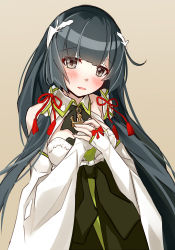 Rule 34 | 10s, 1girl, black hair, blush, bridal gauntlets, cleavage cutout, clothing cutout, detached sleeves, dress, green dress, grey eyes, hair ornament, hair ribbon, hair tubes, hands on own chest, kantai collection, long hair, looking at viewer, mizuho (kancolle), open mouth, ribbon, sidelocks, simple background, solo, takanashie, very long hair