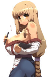 Rule 34 | 1girl, arc the lad, ass, bare shoulders, blonde hair, braid, breasts, brown eyes, glasses, highres, huge breasts, lieza (arc the lad), pen, sideboob, simple background, single braid, solo, tokyo (great akuta), translated, white background