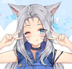Rule 34 | 1girl, animal ears, warrior of light (ff14), bad id, bad vkontakte id, blue eyes, blush, breasts, closed mouth, collar, commission, diamond-shaped pupils, diamond (shape), double v, emotional engine - full drive, facial mark, final fantasy, final fantasy xiv, grey hair, jirafuru, large breasts, long hair, looking at viewer, miqo&#039;te, mole, mole under eye, one eye closed, sleeveless, smile, solo, symbol-shaped pupils, tongue, tongue out, v
