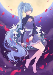 Rule 34 | 1girl, barefoot, blue dress, blue hair, closed eyes, closed mouth, dress, floating hair, flower, full body, layered dress, long hair, long sleeves, maguro (guromaguro), moon, petals, rwby, scar, scar across eye, scar on face, short dress, shrug (clothing), smile, solo, very long hair, weiss schnee, white flower