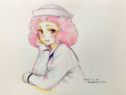 Rule 34 | 1girl, blouse, blue neckerchief, colored pencil (medium), commentary, cropped torso, curly hair, dated, dixie cup hat, elbow rest, girls und panzer, hat, head rest, highres, long sleeves, looking at viewer, military hat, neckerchief, ooarai naval school uniform, open mouth, q-bee (aaru), red eyes, red hair, rum (girls und panzer), sailor, sailor collar, scan, school uniform, shirt, short hair, smile, solo, traditional media, twitter username, white hat, white shirt