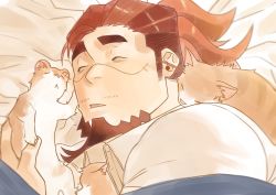 Rule 34 | 1boy, bags under eyes, boogeyman (housamo), brown hair, commentary request, facial hair, goatee, highres, long hair, long sideburns, male focus, mature male, mouse (animal), multicolored hair, muscular, muscular male, scar, scar on face, sideburns, sleeping, solo, tokyo houkago summoners, two-tone hair, zeroru1111