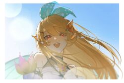 Rule 34 | 1girl, backlighting, blonde hair, blue sky, blurry, bokeh, border, bow, commentary, depth of field, detached sleeves, dress, from below, green bow, hair bow, highres, long hair, looking at viewer, looking down, nijisanji, nijisanji en, open mouth, pearl (pe4rrrrrl), pointy ears, pomu rainpuff, pomu rainpuff (1st costume), portrait, red eyes, sky, smile, solo, symbol-only commentary, upper body, virtual youtuber, white dress, white sleeves, wings