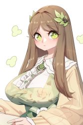 Rule 34 | 1girl, black survival, breasts, brown hair, dress, eternal return: black survival, floral print, green dress, green eyes, gweon sua, hair ornament, highres, large breasts, leaf hair ornament, long hair, looking at viewer, simple background, solo, symbol-shaped pupils, upper body, white background, yabby