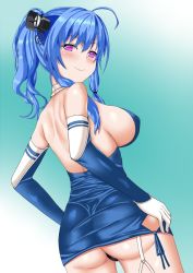 Rule 34 | 1girl, ahoge, ass, azur lane, back cutout, bad id, bad twitter id, bare shoulders, blue hair, breasts, cleavage, cleavage cutout, closed mouth, clothing cutout, commentary, covered erect nipples, detached sleeves, dress, elbow gloves, from behind, garter straps, gloves, halterneck, large breasts, long hair, looking at viewer, purple eyes, sideboob, smile, solo, st. louis (azur lane), thighhighs, tomohiro (duo), white gloves
