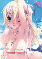 Rule 34 | 1girl, :p, arm up, armpits, bikini, blonde hair, blush, breasts, butt crack, cleavage, cross, day, demon tail, green eyes, highres, hoshii miki, idolmaster, idolmaster (classic), jewelry, large breasts, looking at viewer, necklace, outdoors, senomoto hisashi, smile, solo, strap slip, striped bikini, striped clothes, swimsuit, tail, tongue, tongue out