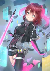 Rule 34 | 1girl, absurdres, furihata ai, glowing, green eyes, highres, icey, icey (game), kurosawa ruby, looking at viewer, love live!, love live! sunshine!!, panaham, red hair, voice actor connection, short hair, solo, twintails, weapon