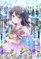 Rule 34 | 1girl, akasaka asa, aqua eyes, black hair, bouquet, colorful, commentary, dress, dried flower, flower, foliage, forehead, hair between eyes, highres, long hair, looking back, looking to the side, original, outdoors, parted lips, pink dress, purple flower, rainbow gradient, solo, sparkle, squatting, water drop