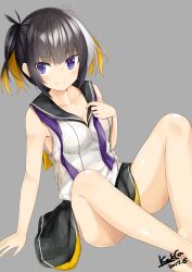 Rule 34 | 1girl, bare shoulders, black hair, black skirt, blonde hair, blush, breasts, collarbone, dated, kavka, looking at viewer, medium breasts, multicolored hair, original, purple eyes, short hair, sitting, skirt, sleeveless, smile, solo, two-sided fabric, two-sided skirt