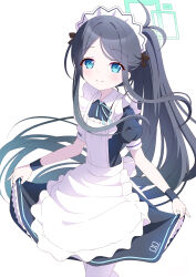 Rule 34 | 1girl, alternate costume, alternate hairstyle, apron, aris (blue archive), aris (maid) (blue archive), azel (laevateinn495), blue archive, blue eyes, blue hair, blush, commentary request, dark blue hair, enmaided, hair ornament, halo, highres, long hair, looking at viewer, maid, maid apron, pantyhose, ponytail, simple background, smile, solo, white background