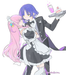 Rule 34 | alternate costume, apron, black bow, black bowtie, black coat, black dress, blue eyes, blue hair, bocchi the rock!, bow, bowtie, cake, cake slice, coat, commentary request, cowboy shot, dress, enmaided, food, frilled dress, frills, glass, gloves, gotoh hitori, grey vest, hand on another&#039;s waist, hands on own chest, highres, holding, holding tray, long hair, looking at another, maid, pink hair, red medicine, shirt, short hair, simple background, strawberry shortcake, tailcoat, thighhighs, tray, twitter username, vest, white apron, white background, white gloves, white shirt, white thighhighs, yamada ryo, yellow eyes, yuri
