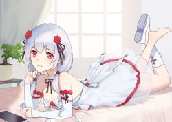 Rule 34 | 1girl, alternate costume, bare shoulders, barefoot, bed, bed sheet, curtains, dress, elbow gloves, flower, gloves, hair between eyes, hair flower, hair ornament, hand on own cheek, hand on own face, highres, honkai (series), honkai impact 3rd, hymxiaocyan, indoors, legs up, looking at viewer, nail polish, plant, red eyes, red nails, rose, shoe soles, shoes, unworn shoes, single shoe, smile, soles, solo, tablet pc, theresa apocalypse, theresa apocalypse (luna kindred), toes, twintails, vase, white dress, white footwear, white gloves, white hair