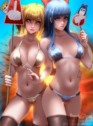 Rule 34 | 10s, 2girls, artist name, bearwitch, bikini, black legwear, blonde hair, blue eyes, blue hair, blue sky, bow, breasts, character name, day, explosion, hair bow, hair ornament, hair scrunchie, highres, holding, holding sign, large breasts, legs apart, lips, long hair, medium hair, middle finger, multiple girls, navel, pipimi, poptepipic, popuko, print bikini, realistic, red bow, scrunchie, sign, sky, standing, star (symbol), star print, stomach, strap pull, swimsuit, thighhighs, thumbs down, twintails, two side up, yellow eyes, yellow scrunchie