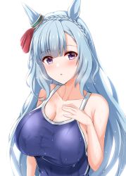 Rule 34 | 1girl, :o, absurdres, animal ears, blue hair, blue one-piece swimsuit, blush, bow, braid, breasts, collarbone, commentary request, ear ribbon, highres, horse ears, horse girl, large breasts, long hair, looking at viewer, mejiro ardan (umamusume), one-piece swimsuit, parted bangs, purple eyes, raindrop746079, red ribbon, ribbon, school swimsuit, simple background, solo, swimsuit, umamusume, upper body, wet, white background