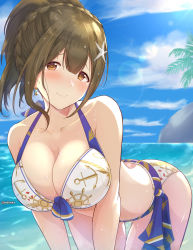 Rule 34 | 1girl, anchor symbol, ass, bikini, blue sky, braid, breasts, brown eyes, brown hair, cleavage, closed mouth, cloud, collarbone, commentary request, earrings, gluteal fold, hair ornament, halterneck, highres, idolmaster, idolmaster shiny colors, jewelry, kuwayama chiyuki, large breasts, leaning forward, lens flare, looking at viewer, ocean, palm tree, print bikini, rock, shionootsu, sidelocks, sky, smile, solo, swimsuit, thigh gap, thighs, tree, water, watermark, wet, white bikini