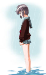 Rule 34 | 00s, nagato yuki, rain, school uniform, serafuku, short hair, solo, suzumiya haruhi no yuuutsu, umekichi, wading, water