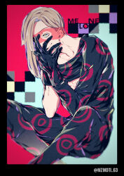 Rule 34 | 1boy, asymmetrical sleeves, blonde hair, boots, character name, commentary request, earrings, evil smile, gloves, green eyes, jacket, jewelry, jojo no kimyou na bouken, lips, long hair, looking to the side, male focus, melone, mizudama, pants, smile, solo, vento aureo