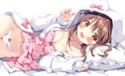 Rule 34 | 1girl, :d, animal ears, animal hood, bare shoulders, bed sheet, blush, bow, bow panties, breasts, brown eyes, brown hair, camisole, cherry print, claw pose, cleavage, collar, commentary request, fake animal ears, food print, frilled pillow, frills, hair between eyes, hands up, hood, hood up, hooded jacket, jacket, long hair, long sleeves, looking at viewer, lying, medium breasts, navel, on side, open clothes, open jacket, open mouth, original, pan (mimi), panties, pillow, pink bow, pink camisole, pink collar, print camisole, puffy long sleeves, puffy sleeves, simple background, sleeves past wrists, smile, solo, underwear, white background, white jacket, white panties