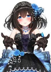 Rule 34 | 1girl, absurdres, bare shoulders, black dress, black gloves, black hair, blue eyes, blue flower, blue ribbon, blue rose, blush, breasts, cleavage, collarbone, diadem, dress, elbow gloves, floral print, flower, gloves, go-1, hair between eyes, hair ribbon, has bad revision, has downscaled revision, highres, idolmaster, idolmaster cinderella girls, idolmaster cinderella girls starlight stage, jewelry, long hair, looking at viewer, md5 mismatch, medium breasts, outstretched arms, parted lips, resolution mismatch, ribbon, rose, rose print, sagisawa fumika, sash, simple background, smile, solo, source smaller, stenciled rose, white background