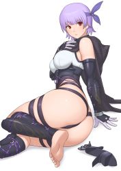 Rule 34 | 1girl, arm guards, armor, ass, ayane (doa), bare shoulders, barefoot, blush, bodysuit, breasts, closed mouth, dead or alive, dead or alive 6, elbow gloves, feet, frown, gloves, highres, hood, hood down, medium breasts, ninja, purple hair, red eyes, shigenobu, shoes, unworn shoes, sitting, soles, solo, sweat, thigh strap, white background