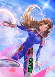 Rule 34 | 1girl, acronym, animal print, armor, bad id, bad pixiv id, blue sky, bodysuit, boots, bracer, breasts, breasts apart, brown eyes, brown hair, blowing bubbles, charm (object), chewing gum, cloud, cloudy sky, d.va (overwatch), day, eyebrows, eyelashes, facepaint, facial mark, finger on trigger, floating hair, from side, gloves, gun, hand up, headphones, holding, holding gun, holding weapon, legs apart, long hair, long sleeves, mecha, medium breasts, meka (overwatch), overwatch, overwatch 1, pauldrons, petals, pilot suit, rabbit print, ribbed bodysuit, robot, shoulder armor, shoulder pads, skin tight, sky, solo, sparkle, standing, sun, sunlight, tbag, thigh boots, thigh strap, thighhighs, thighs, turtleneck, weapon, whisker markings, white footwear, white gloves