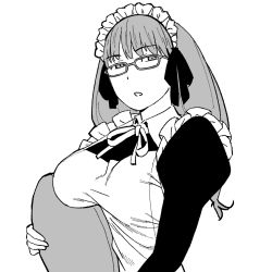 Rule 34 | 1girl, apron, breast rest, breasts, commentary, glasses, greyscale, hair ribbon, half-closed eyes, highres, jitome, large breasts, long hair, long sleeves, looking at viewer, maid, maid apron, maid headdress, monochrome, neck ribbon, onsen tamago (hs egg), open mouth, ribbon, simple background, solo, soredemo machi wa mawatteiru, standing, tatsuno toshiko, tray, upper body, white background