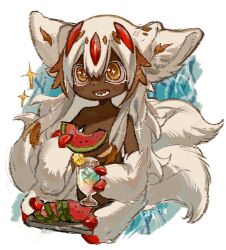 Rule 34 | 1girl, :d, animal ears, body fur, brown hair, chinese commentary, claws, collarbone, colored eyelashes, commentary request, cropped torso, cup, dark-skinned female, dark skin, drink, drinking glass, eating, extra arms, faputa, fewer digits, flute78103326, food, fruit, hair between eyes, happy, highres, holding, holding cup, holding food, holding fruit, horns, long hair, lower teeth only, made in abyss, monster girl, multicolored hair, multiple horns, multiple tails, open mouth, red horns, sharp teeth, smile, solo, sparkle, sparkling eyes, streaked hair, tail, teeth, two-tone hair, upper body, watermelon, watermelon slice, white fur, white hair