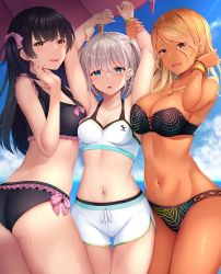 Rule 34 | 3girls, arm grab, arms up, ass, bangle, bare shoulders, beach umbrella, bikini, bikini shorts, black eyes, black hair, blonde hair, blue sky, blunt bangs, blush, bracelet, breasts, brown eyes, brown hair, choker, cleavage, cloud, collarbone, cowboy shot, dark-skinned female, dark skin, day, earrings, fingernails, girl sandwich, gold, grey hair, groin, hand in own hair, hand on own face, highres, holding another&#039;s wrist, hoop earrings, idolmaster, idolmaster shiny colors, izumi mei, jewelry, large breasts, licking lips, long fingernails, long hair, looking at viewer, mayuzumi fuyuko, medium breasts, momo no kanzume, multiple earrings, multiple girls, nail polish, navel, necklace, open mouth, outdoors, purple eyes, ring, sandwiched, shiny skin, shorts, sidelocks, sky, smile, stomach, strapless, strapless bikini, stud earrings, sweat, swimsuit, tongue, tongue out, twintails, two side up, umbrella, wristband, yukoku kiriko