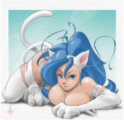 Rule 34 | 1girl, animal ears, animal hands, artist request, big hair, blue eyes, blue hair, blurry, breast press, breasts, capcom, cat ears, cat tail, claws, depth of field, felicia (vampire), framed, fur, huge breasts, long hair, looking up, lowres, lying, matching hair/eyes, outside border, signature, solo, source request, tail, vampire (game)
