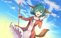 Rule 34 | 1girl, :d, ahoge, animal ears, artist request, blue sky, blush, breasts, brown dress, cloud, collarbone, cowboy shot, day, dress, green eyes, green hair, hair between eyes, hand up, holding, kasodani kyouko, light rays, long sleeves, looking at viewer, open mouth, outdoors, petticoat, short hair, sky, small breasts, smile, solo, standing, tail, touhou, touhou cannonball